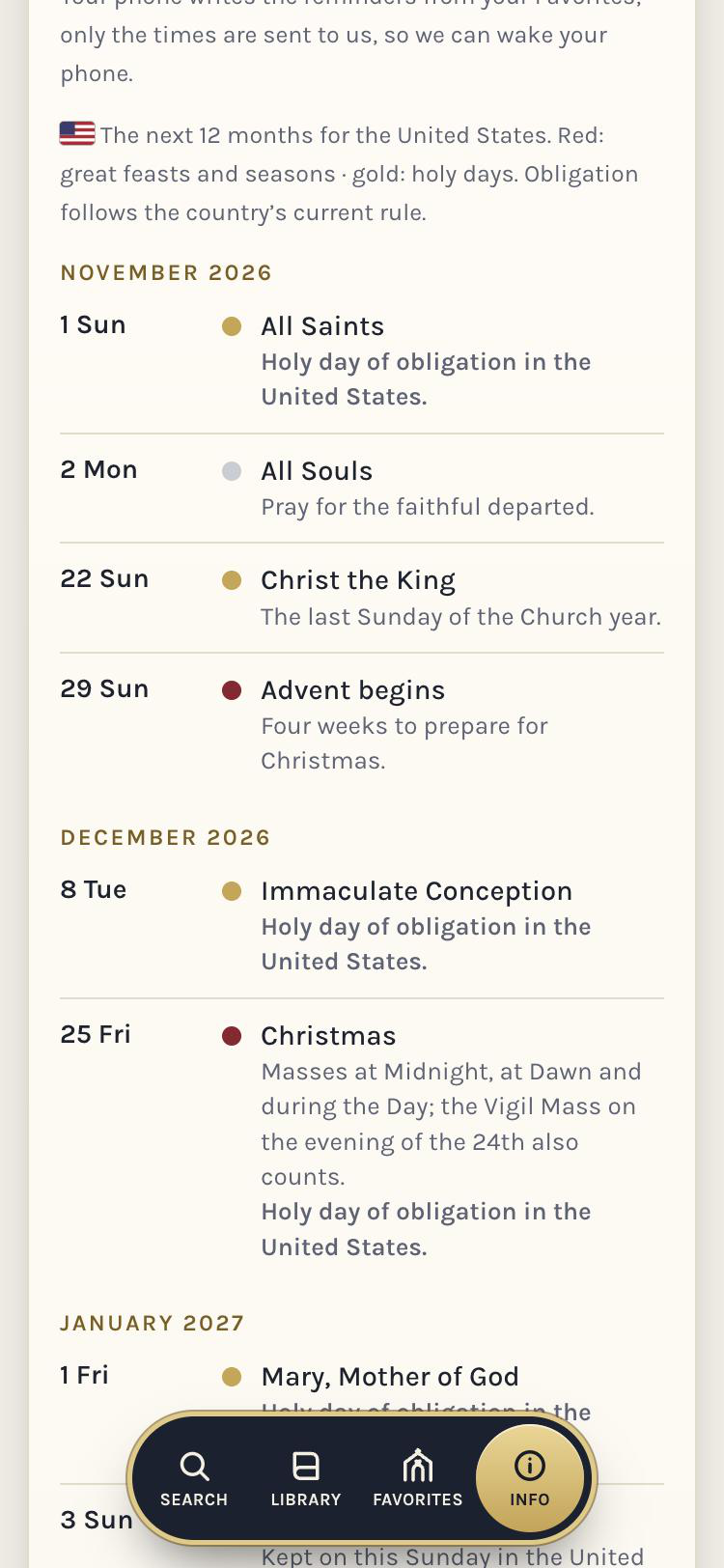 Feast calendar and reminders screen