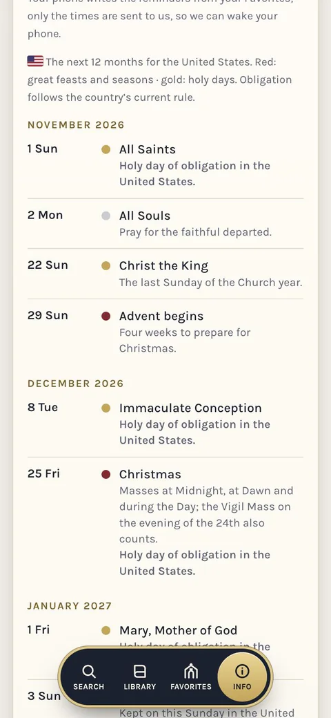 Feast calendar and reminders screen