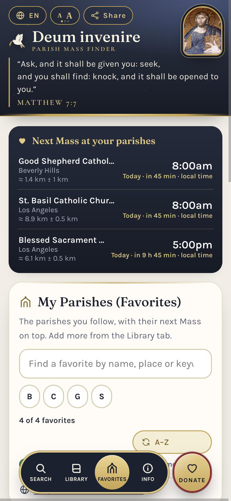 App screen with favorite parishes