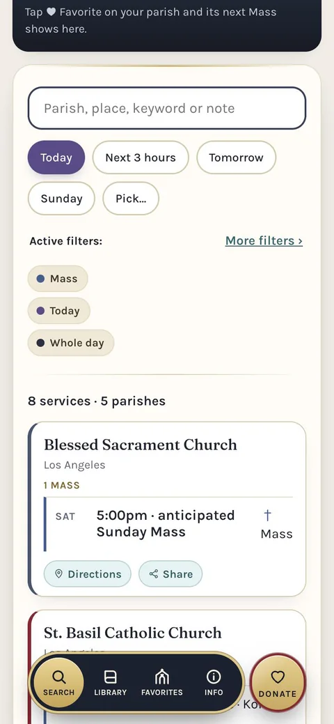 Today's Masses and the next Mass screen
