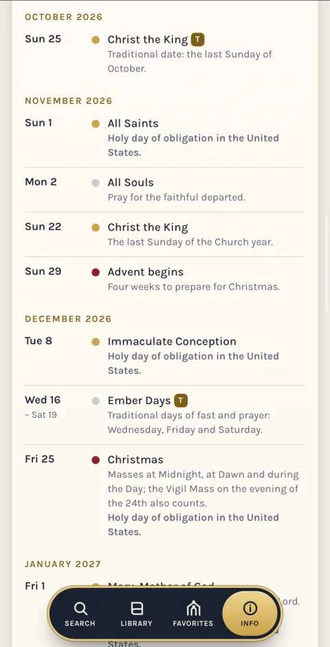Feast calendar and reminders screen